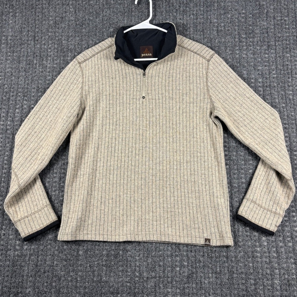 Prana Breathe Quarter Zip Wool Blend Striped Pullover Sweater Medium Tan Gray